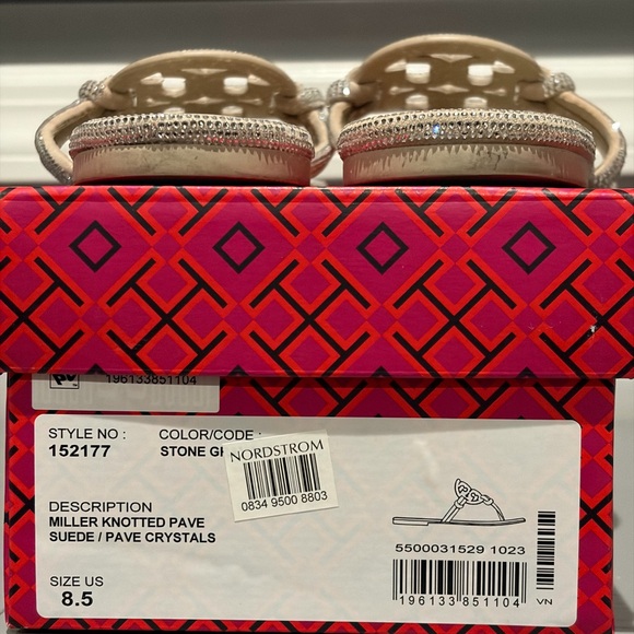 Tory Burch Miller Knotted Pavé Sandals 8.5 Stone Gray Crystal - Picture 5 of 10
